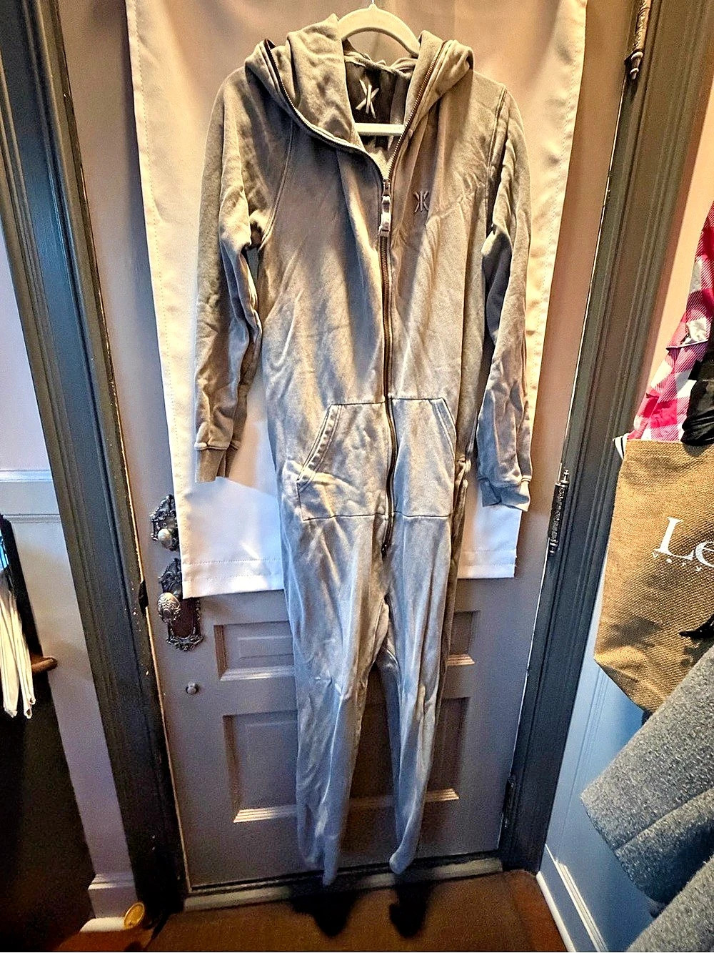 One Piece jumpsuit Hooded Zip Gray Like New